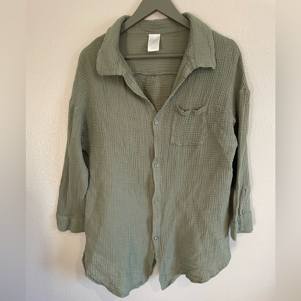 Kona Sol Sage Green Button Down Beach Cover Up